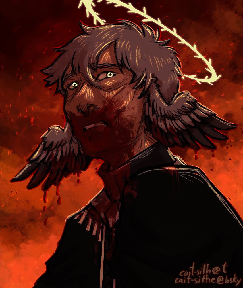 A digital drawing of an older man. He is looking at something beyond the viewpoint with a fearful expression. Above his head is a thorned halo and he has wings instead of ears. His mouth and front is covered in blood. There is text in the bottom right that reads: "cait-sith on tumblr" and "cait-sithe on bluesky".