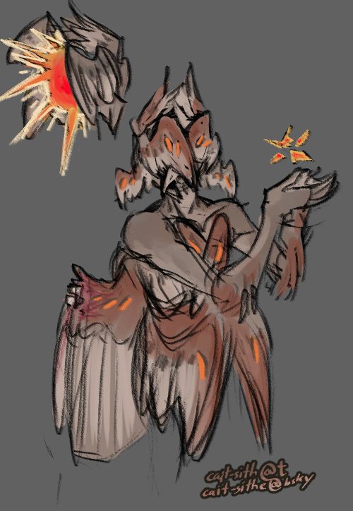 A halfbody of a humanoid angel with wings wrapped around their chest and head, obscuring all facial features. One wing is broken, and they are holding the pieces of a star. A sketch of the head with the wings opened is set in the top left, unveiling red-white light.
