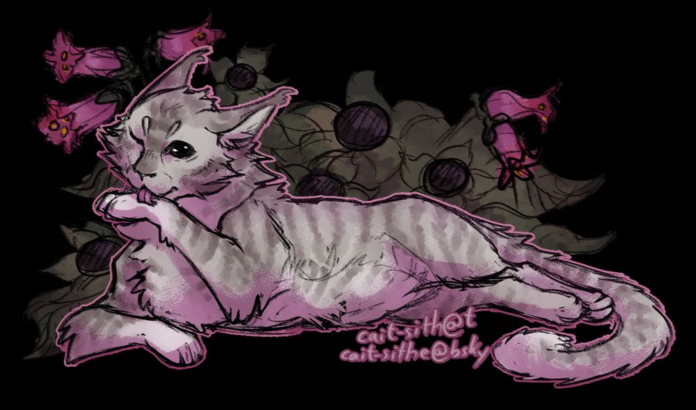 A digital drawing of a pale grey tabby cat lying on her side. She is grooming a paw and looking at the viewer. There are deadly nighshade leaves, flowers and fruits arranged behind her. The text reads: cait-sith @ tumblr and cait-sithe @ bluesky