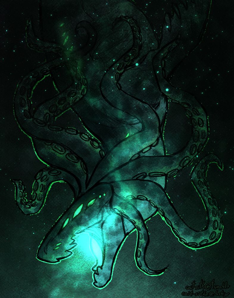 A digital drawing of a sea monster. It has a long flat head with a crown of tentacles and multiple eyes. It is somewhat reminiscent of a cross between a prehistoric marine lizard and a kraken. It is diving downwards with its mouth open and glowing. The text in the bottom right corner reads "cait-sith@tumblr" and "cait-sithe@bsky".