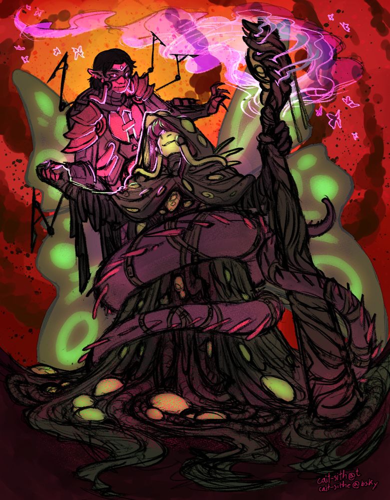 A drawing of two people from a low angle. The centre person in green is holding a staff and there is a purple snake-person coiled around her. They are holding hands and smiling at each other.