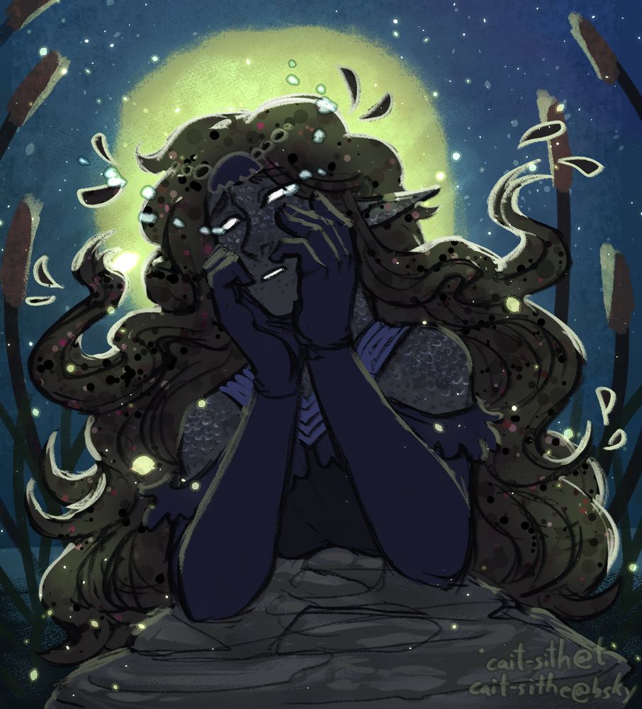 A digital drawing of a woman. She is crying, her head held in her hands and looking off into the distance yearningly. Her elbows are leaning on a rock. Around her, there are rushes and the moon is shining behind her head. The text in the bottom right corner reads "cait-sith @tumblr" and "cait-sithe @ bluesky".