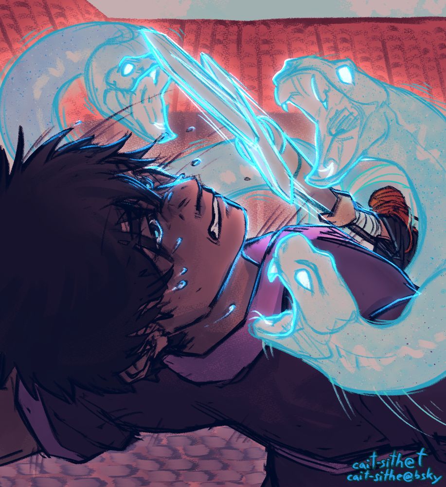 A digital illustration of a scene from the novel Blackflame by Will Wight. One character, clad in purple, is bending over backwards to avoid the thrust of the spear of another character clad in black and red. There are also blue-white snakes moving along the thrust of the spear to bite at the evading character. They are in a courtyard. The text in the bottom right corner reads: "cait-sith@tumblr" and "cait-sithe@bsky". 