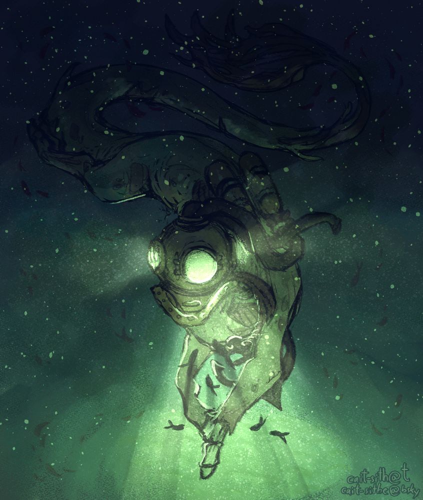 A digital drawing of an underwater scene. The lighting is dim and moody, light mostly emitting from the diving helmet of a slightly decaying dragon character. He is looking down at some fish. The text in the bottom right corner reads: "cait-sith @ tumblr" and "cait-sith @ bluesky".