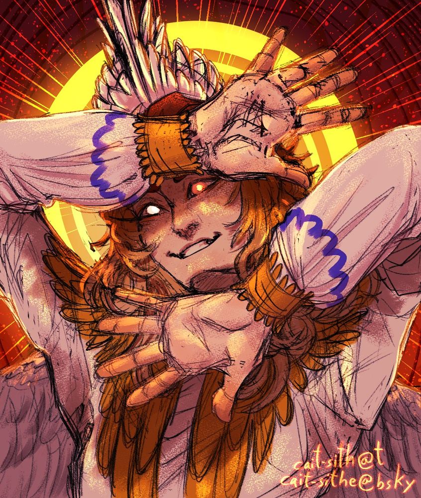A digital drawing of an angelic woman. She is holding her arms up in a pose with her palms towards the viewer, shading her face. She is smiling deviously. There is a halo and wings visible behind her. The text reads: cait-sith @ tumblr and cait-sithe @bluesky