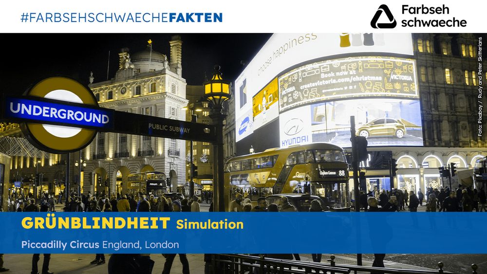 Piccadilly Circus in London (Simulation Grünblindheit)