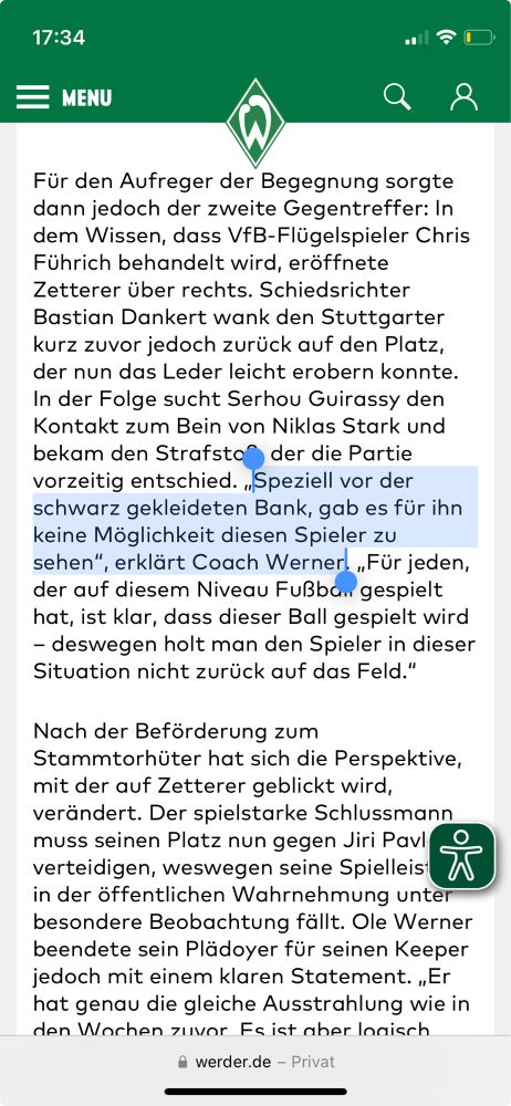 Screenshot Werder.de, markierter Text: „Speziell vor der schwarz gekleideten Bank, gab es für ihn keine Möglichkeit diesen Spieler zu sehen“, erklärt Coach Werner“