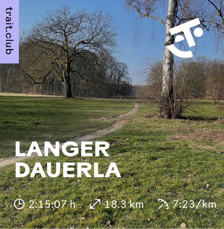 Trampelpfad auf einer Wiese, gesäumt von zwei Bäumen. Aufschrift: Langer Dauerlauf, Dauer 2 Stunden 15 Minuten 7 Sekunden, Distanz 18,3 km, Pace  7 Minuten 23 Sekunden