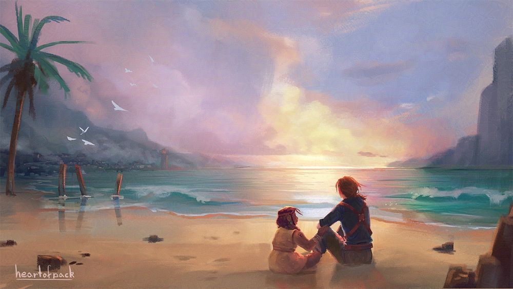 Digital art - Fanart from Critical Role. A beach by a city, with two people, Caleb and Veth, a man and a halfling, sit and watch the sunrise. The light in the clouds looks like a distant flame.