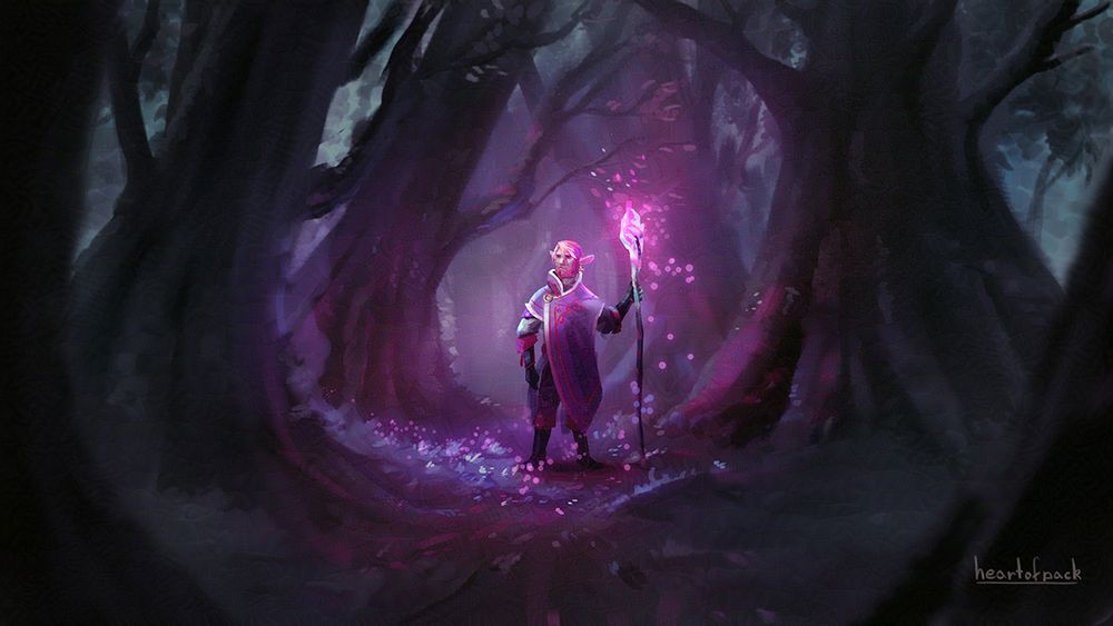 Digital art: Caduceus stands amoungst the corrupted trees of an Aeorian ruin. His staf flares with purple light and sparks light up and drift around him, bathing the area in low purple and blue light.