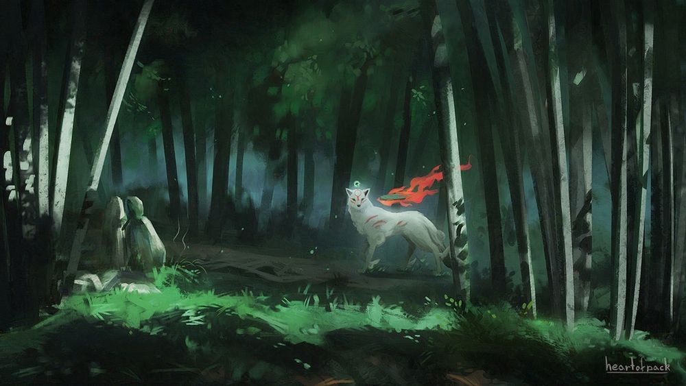 Digital art - Amaterasu from the game Okami. She is standing in the shade of a peaceful green bamboo forest, looking out at the bright sun on the grass beside her path.