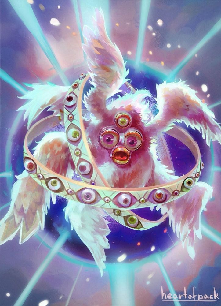 "Be not afraid." Digital art of a biblically accurate furby painted in multiple colours, mainly pinks, oranges and blues. It has three eyes, six wings, and two rings around it. The rings have multi-coloured eyes in an alternating pattern. A dark orb filled with stars and bursting with rays of light is behind it.