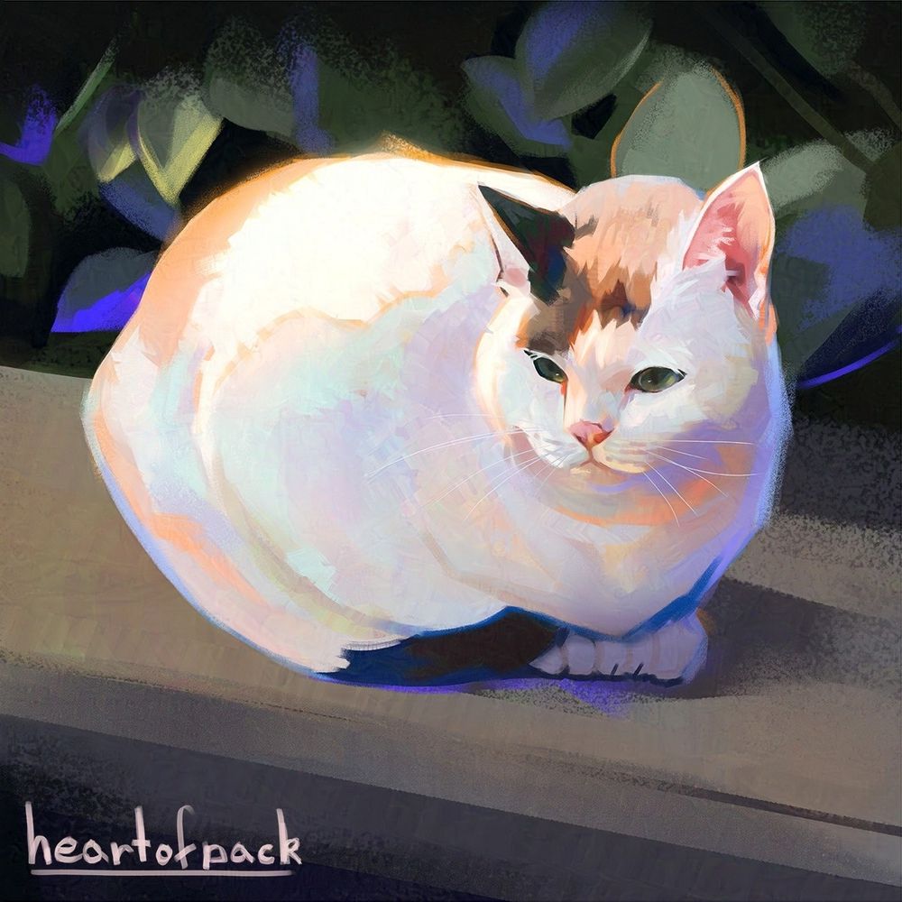 Digital art: a cat tucked into a loaf shape on the pavement, which leaves in the background. There are highlights of orange and cobalt blue throughout
