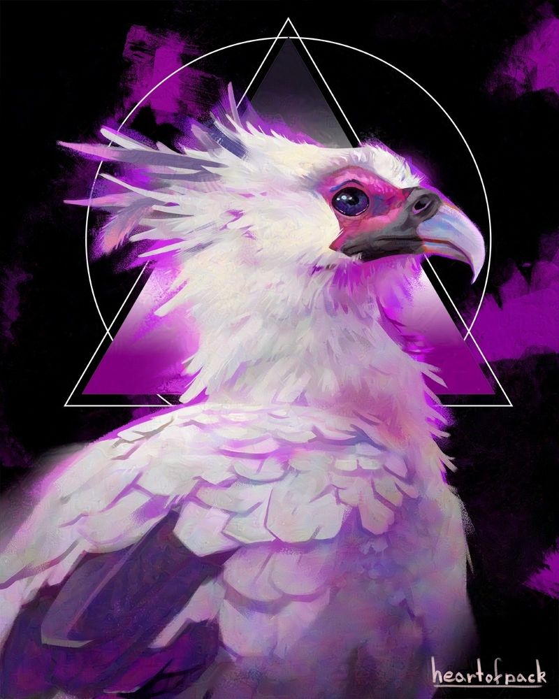 Digital Art - a secretary bird painted using the colours of the asexual flag (purple, white, black, grey). The background is black with purple streaks, and a triangle with the ace flag as a gradient is behind it.