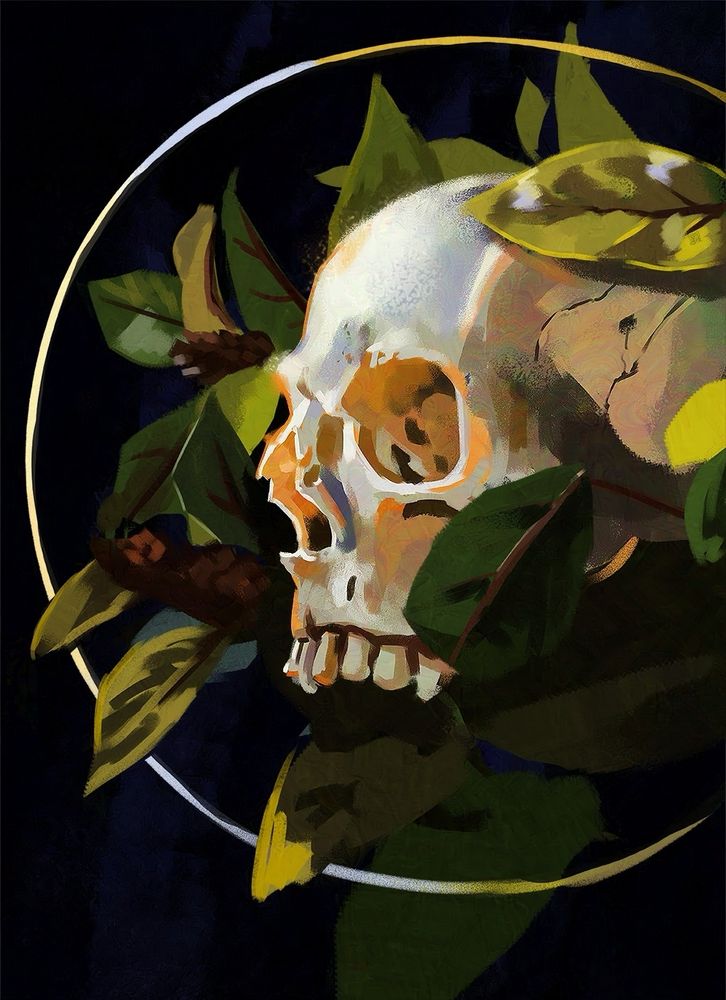 digital art - stylised painting of a skull using bright colours. it is surrounded by a gold ring and bright green and yellow leaves