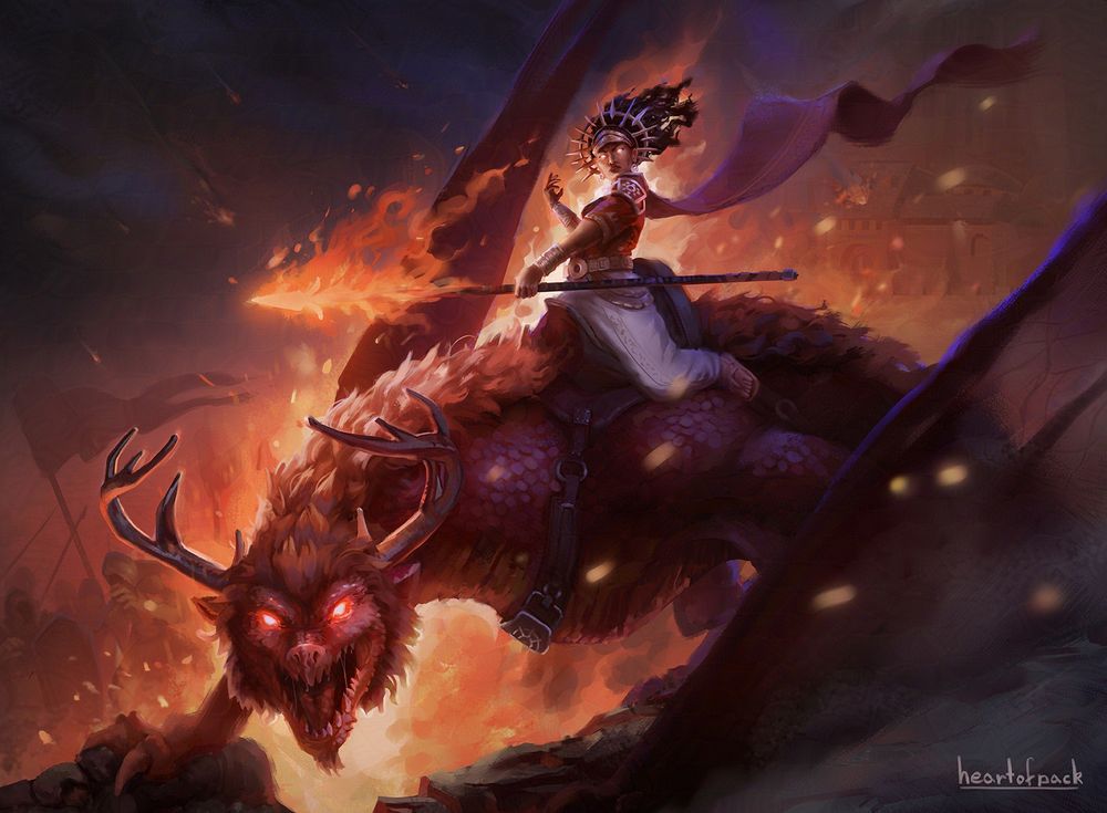 a brown-skinned woman, crowned with a gold halo, wielding a firey spear riding an antlered, maned dragon. behind them, an army is engulfed in flames, as meteorites decent upon a castle.