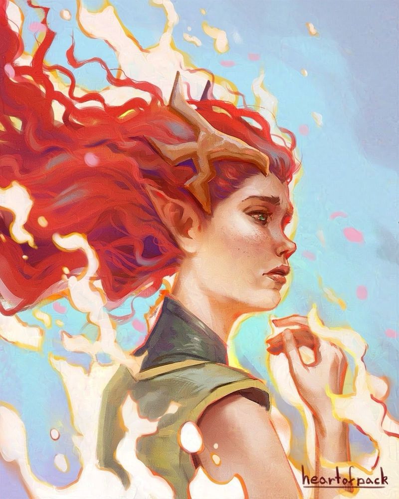 Digital art - Keyleth, a red haired half-elf, standing in profile, her hair streaming upwards with the fire and petals that surrounds her, framed against a bright sky.