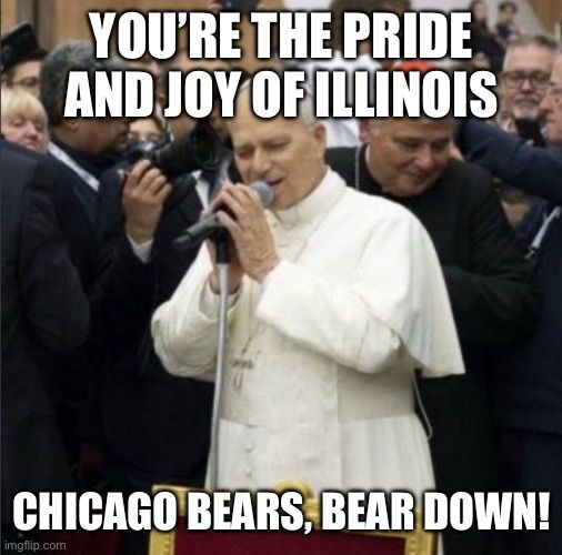 Pope Leo XIV singing into a microphone. The lyrics have been changed to the “Bear Down” song.