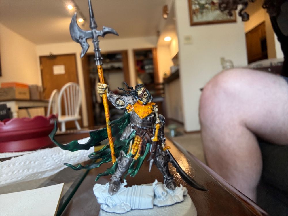 A miniature of a skeleton lord. His armor is painted dark grey and gold with green cloth.