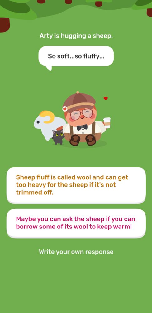 a screenshot of my little finch named arty hugging a sheep, describing its wool as soft and fluffy