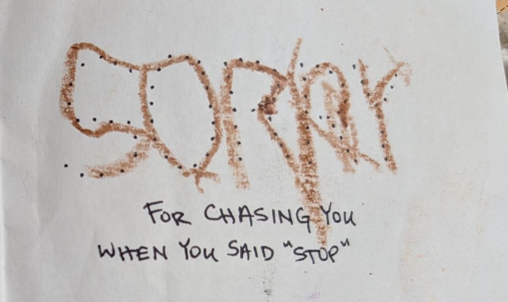 Sorry for chasing you when you said stop. "Sorry" is in a 3yo handwriting