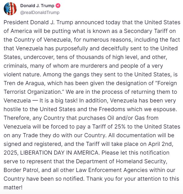 Donald Trump ha appena annunciato  su Truth dazi secondari sul Venezuela