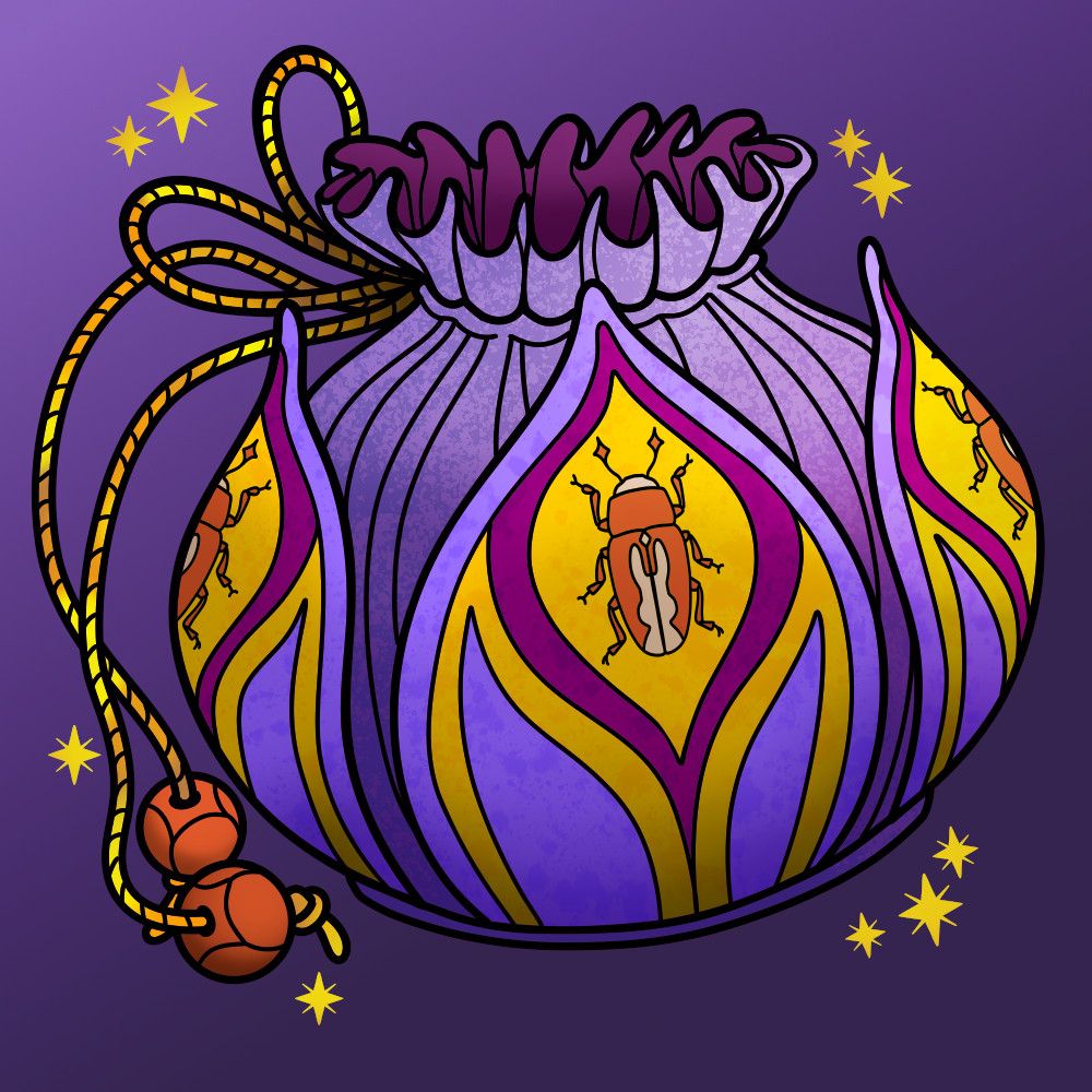 A drawing of a drawstring pouch. The pouch itself is a light purple, the outer layer consists of petal shaped pieces of fabric, upon which there is a tulip motif and a picture of a beetle. The drawstring is a vibrant golden yellow with large beads at each end. 
