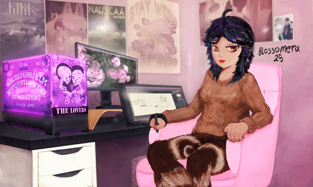 A young woman sitting in a pink computer chair in front of two computer screens, one of which is a drawing tablet and she has the stylus in her right hand. Her computer tower glows purple from RGB and has decals of occult themes. An ouija board glass panel and The Lovers IV tarot card of two skeletons holding a rose and sharing a tender embrace. On the walls are posters of Ghibli films, Tokyo Ghoul, and a poster of mushrooms that say "Stay Weird"