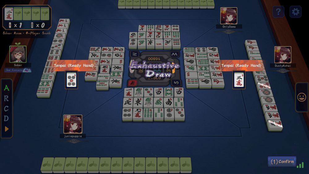 the same match from screenshot 1, ended in exhaustive draw with two opponents having tenpai (i did not have tenpai)