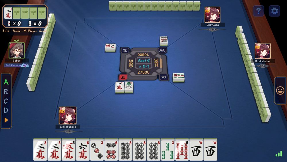 mahjong hand with two dora tiles and two red five tiles in san shanten near the start of the match