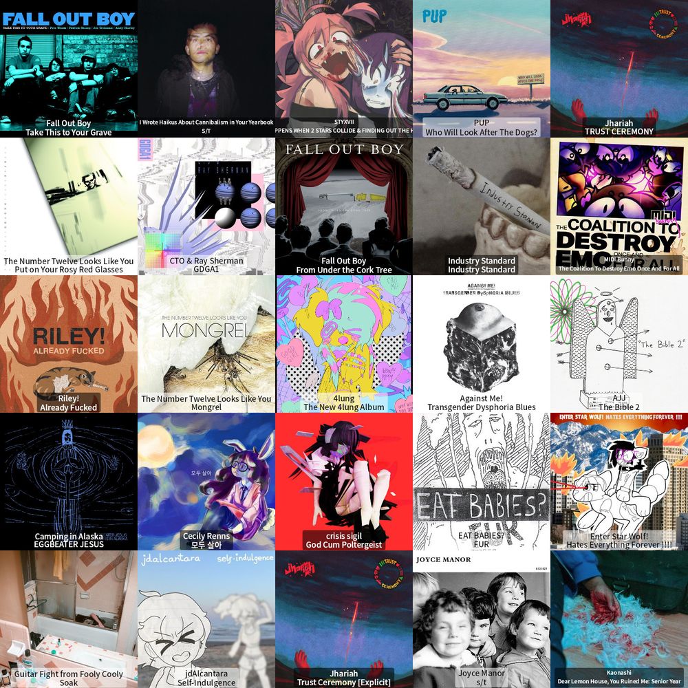 take this to your grave by fall out boy
s/t by i wrote haikus about cannibalism in your yearbook
what happens when 2 stars collide & finding out the hard way by styxvii
who will look after the dogs by pup
trust ceremony by jhariah
put on your rosy red glasses by the number twelve looks like you
GDGA1 by CTO & ray sherman
from under the cork tree by fall out boy
industry standard by industry standard
the coalition to destroy emo by midi bunny
already fucked by riley!
mongrel by the number twelve looks like you
the new 4lung album by 4lung
transgender dysphoria blues by against me!
the bible 2 by ajj
eggbeater jesus by camping in alaska
everyone, live by cecily renns
god cum poltergeist by crisis sigil
fur by eat babies
hates everything forever by enter star wolf
soak by guitar fight from fooly cooly
self-indulgence by jdalcantara
duplicate album glitch
s/t by joyce manor
dear lemon house by kaonashi