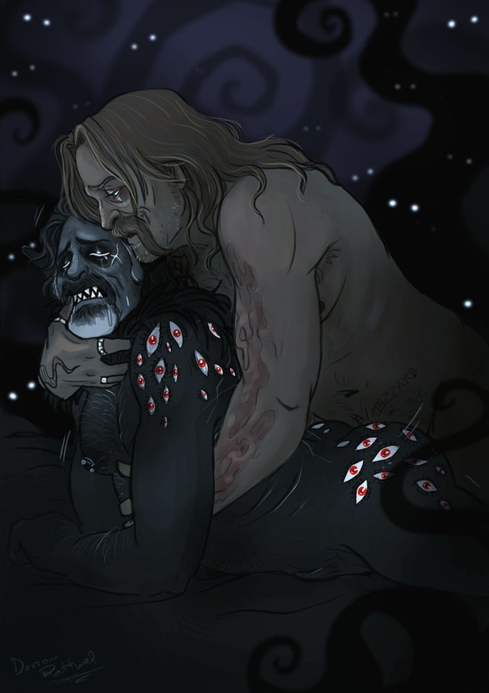Art by Dorian. Jack and Izzy monsterfucking. Non explicit but Jack is behind Izzy, and Izzy is drawn with eyes on his shoulders and hips