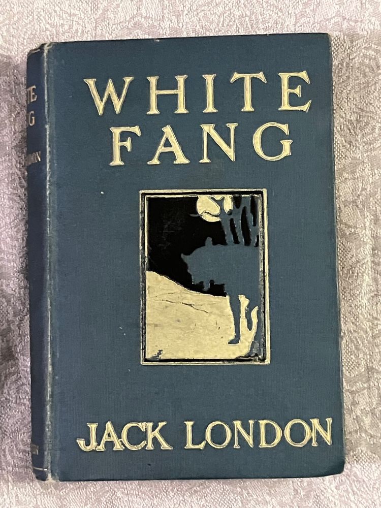 White Fang blue-green cover with gold lettering, silhouette of a wolf and tree, snow and moon. 
