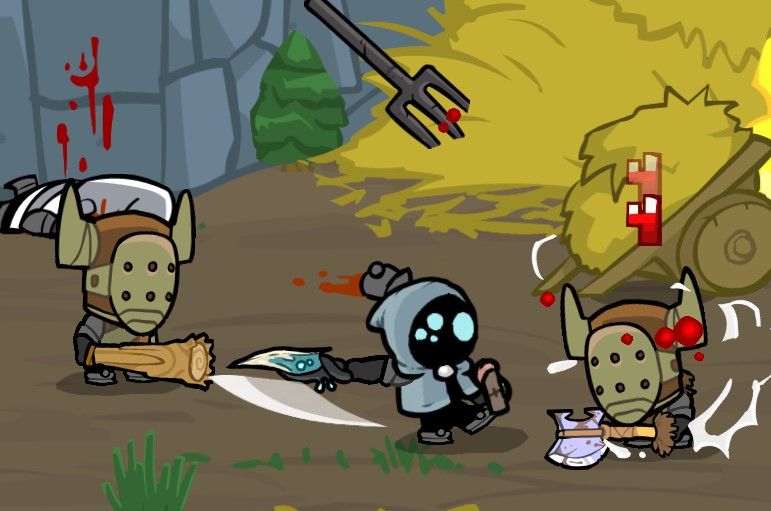 Tiny, robed eldritch fellow hits some barbarians in Castle Crashers