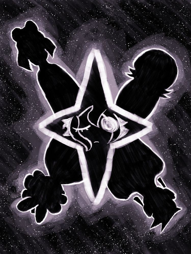In stars and time fanart. The background is a starey sky. The foreground has a large four pointed star that is hollow on its inside with exception of Siffrin's face with a sad solemn expression. Surrounding that hollow star are silhouettes of Siffrin's party members.