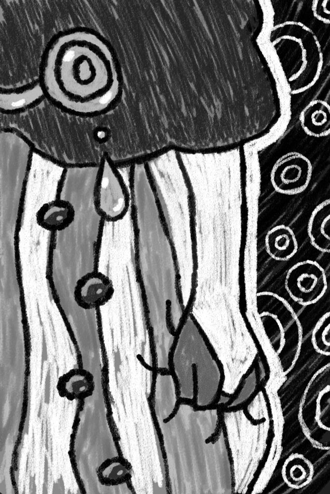 A drawing of Mirabelle from In Stars and Time gripping onto her skirt in frustration with one hand. The drawing only shows the left side of her body from her shoulders to roughly where her knees would be. The background is black with white circles representing the Change belief she follows but feels she is failing. Near the leftmost side of the drawing are tears falling.
