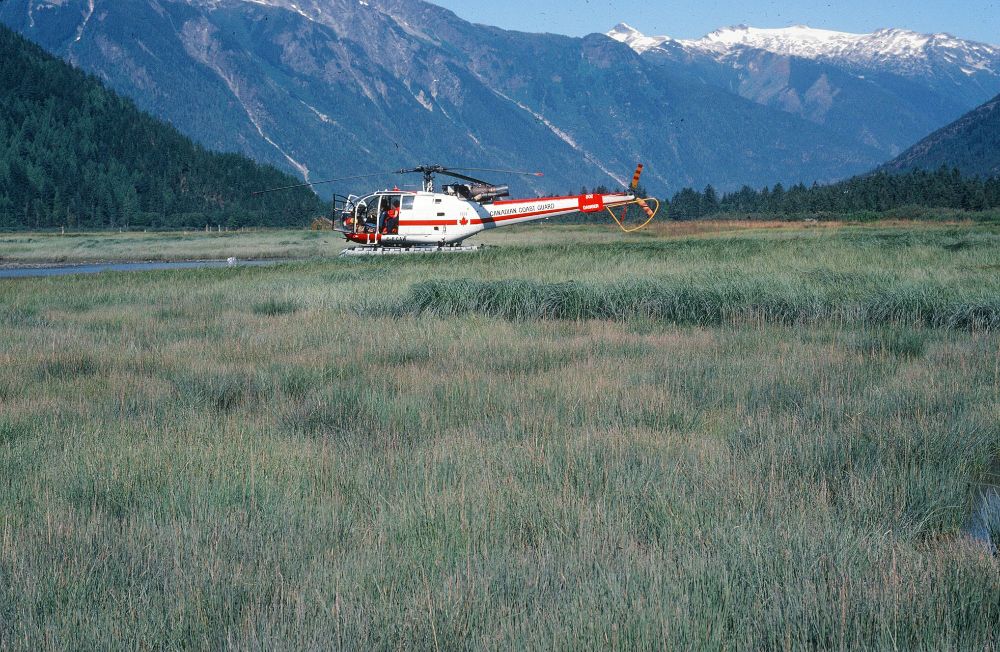 Homathko River estuary was at the maximum distance re fuel from the CCG base in Campbell River. Survey was for geomorph and marsh studies. 1980 pic