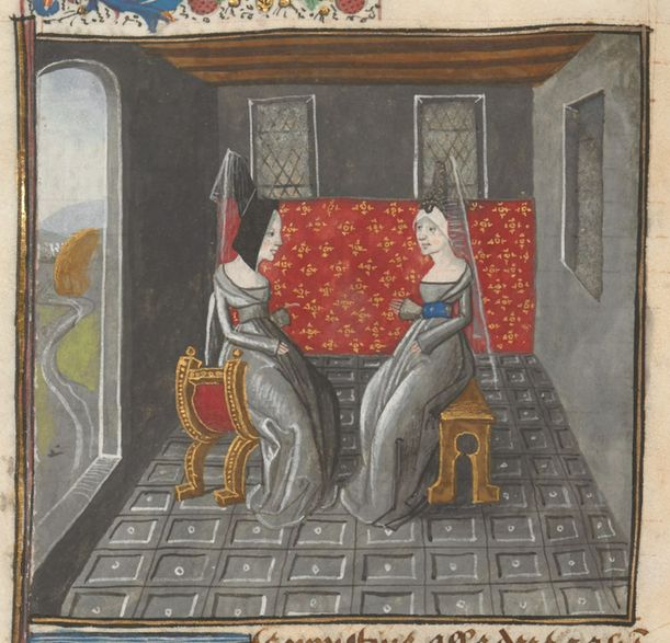 Medieval image of two women with pointy headdresses, sitting on stools having a chat