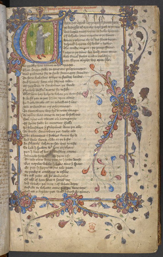 Full-page of writing with figure in historiated initial at start at top, and blue and red foliage surrounding