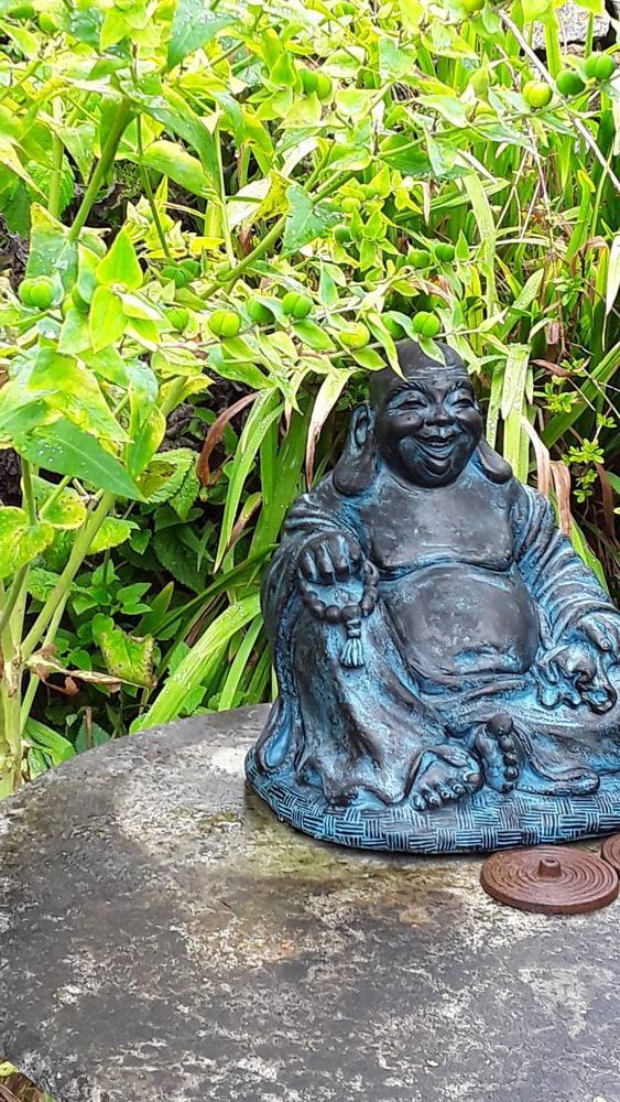 Laughing buddha sculpture amidst foliage at Dilston Physic Garden
