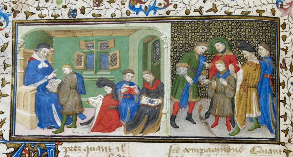 Master and pupils, from 'Des Proprietez des Choses' by Bartholomaeus Anglicus