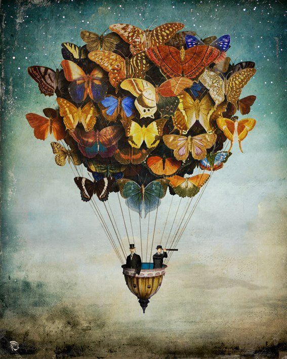 Painting of men in balloon looking afar with a telescope, with balloon floated by masses of butterflies 