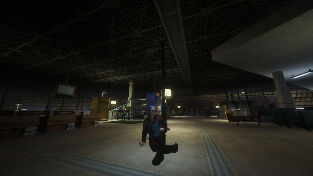 A repurposed roof maintenace access paneling in the office sector of Abiotic Factor. A scientist is sitting on the floor wearing a blue security vest while surrounded in what's possibly a male living space.