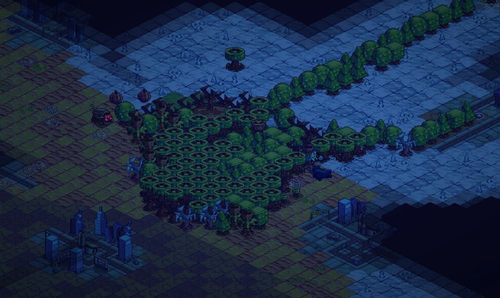 A video game screenshot of NuTREEnts, showing an isometric pixel art forest with some cities, bugs, and a desert and snow biome