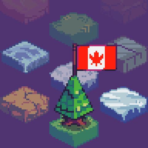 An isometric pixel art tree with the Canadian flag flying on top.