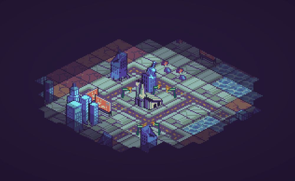 Gameplay screenshot of a pixel art isometric city within a cloud of dark fog. The buildings appear abandoned and broken. 
