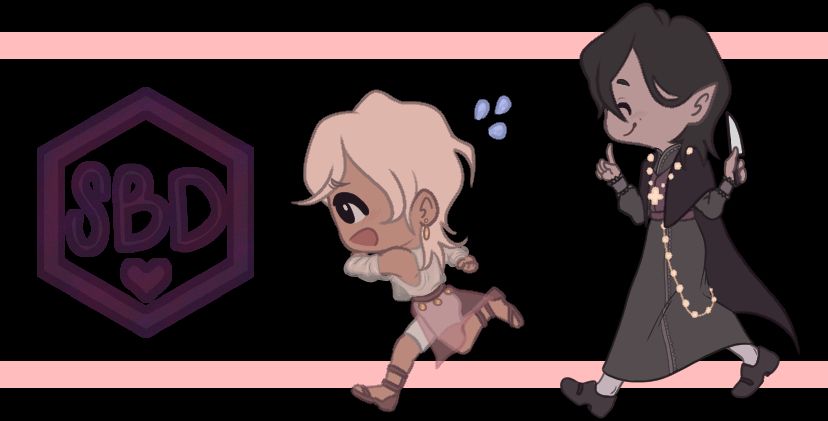 [Alt] A landscape image with a transparent background featuring two characters in a chibi style. The one on the left is a short, tan person with light blond hair that comes to past the shoulders, they have a panicked expression on their face. They are being chased by a taller man on the right, who has a more pink-ish pale skin tone, he is wearing a relaxed expression. 

The shorter person is wearing a flowy open-shoulder sheer white top that is tucked into a belt adorned with golden circular accessories; they wear a pair of white shorts that come up to the mid-thigh, it has a silky also sheer pink-ish half-skirt layered over it. They are wearing a pair of leather sandals that come up to the lower shins. 

The taller man has dark, shoulder-length hair. His smile creases at the edge and a dimple is clear to see on his cheek. He is wearing a very dark and embellished priest-like robe, with a dark cape and a red chest-vest. One of his hands is clenched into a fist, except for the pointing finger which is fully stretched out as if pointing upwards; his other hand is behind him, it is grasping a knife. [/EndAlt]