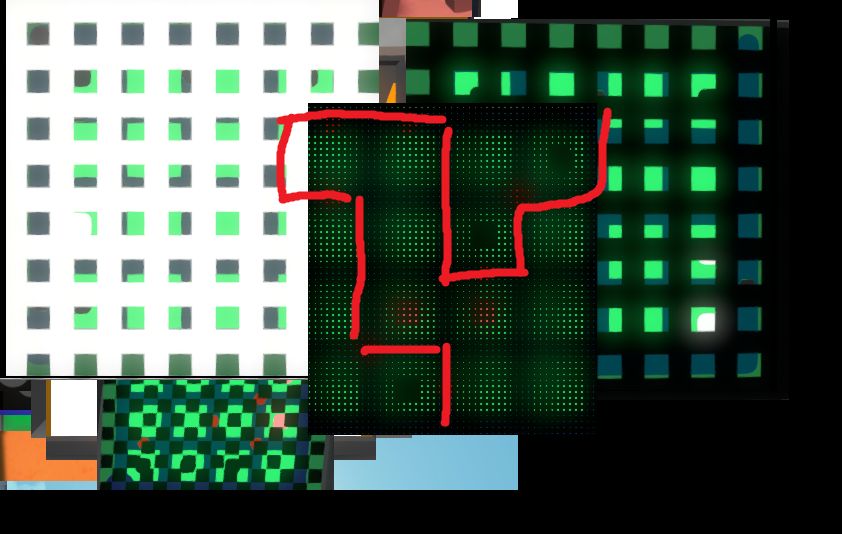 a set of square line drawing puzzles from the videogame "the witness" chopped up and overlayed upon each other