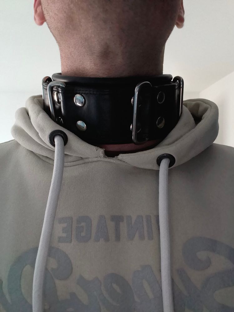 Me wearing my cuffed neck leathstraint