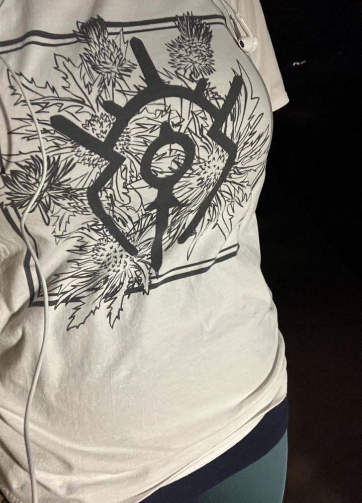 Me wearing a wrinkly white t-shirt with the Crest of Fraldarius over a background of thistles in the centre along with teal leggings and a dark blue tank top.